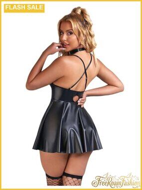 Plus Size PU Leather Lingerie Mini Dress Backless Babydoll with Neck Ring
